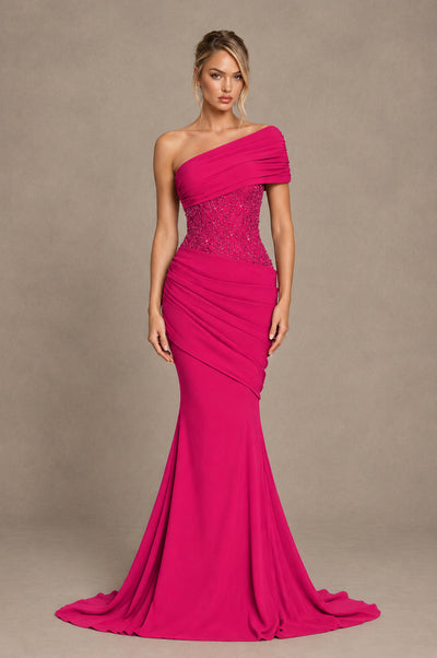 BOLODOO Hot Pink One-Shoulder Sequin Embroidered Ruched Mermaid Gown with Train - Hot Pink - Hot Pink_1