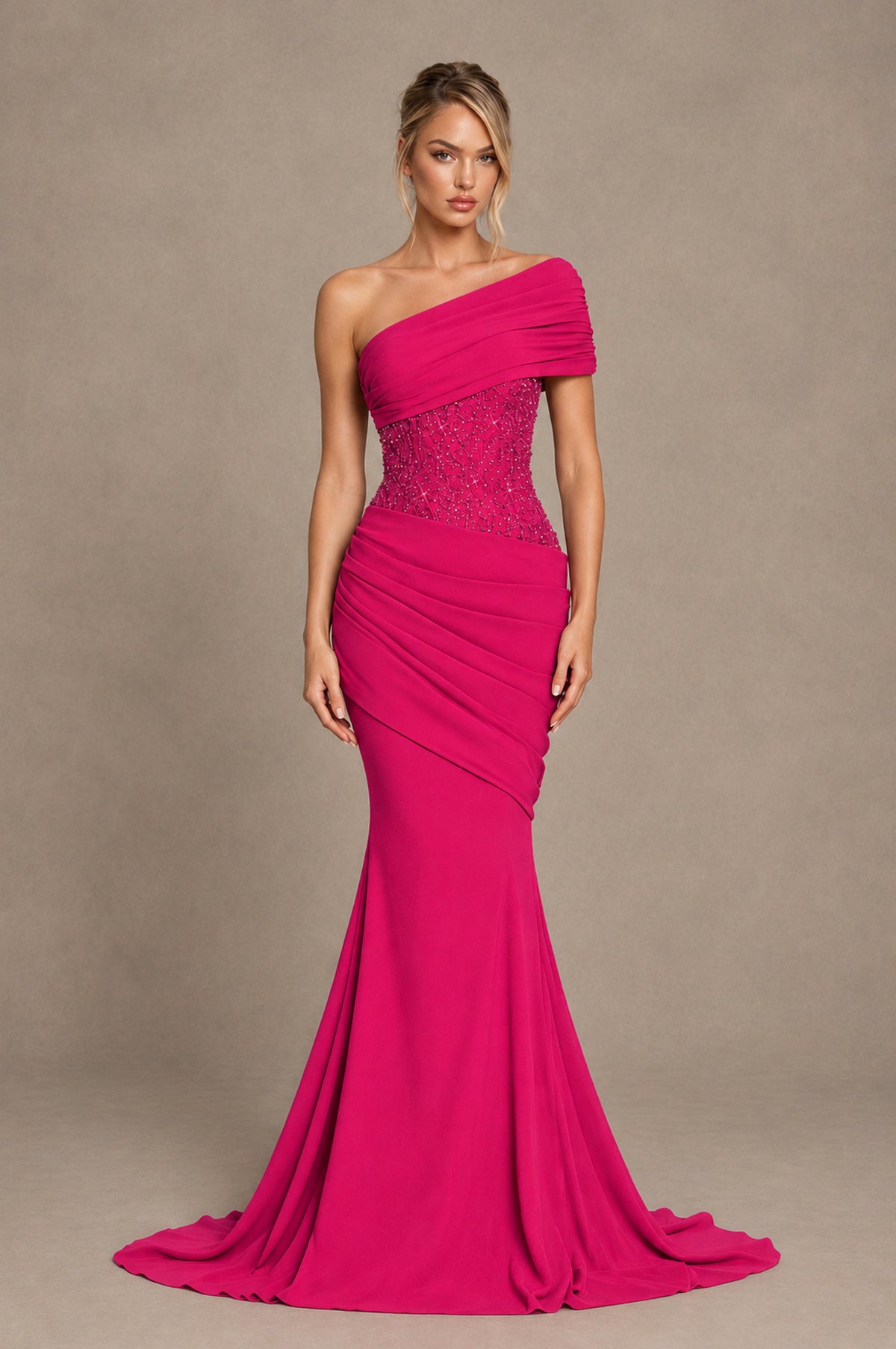 BOLODOO Hot Pink One-Shoulder Sequin Embroidered Ruched Mermaid Gown with Train - Hot Pink - Hot Pink_1