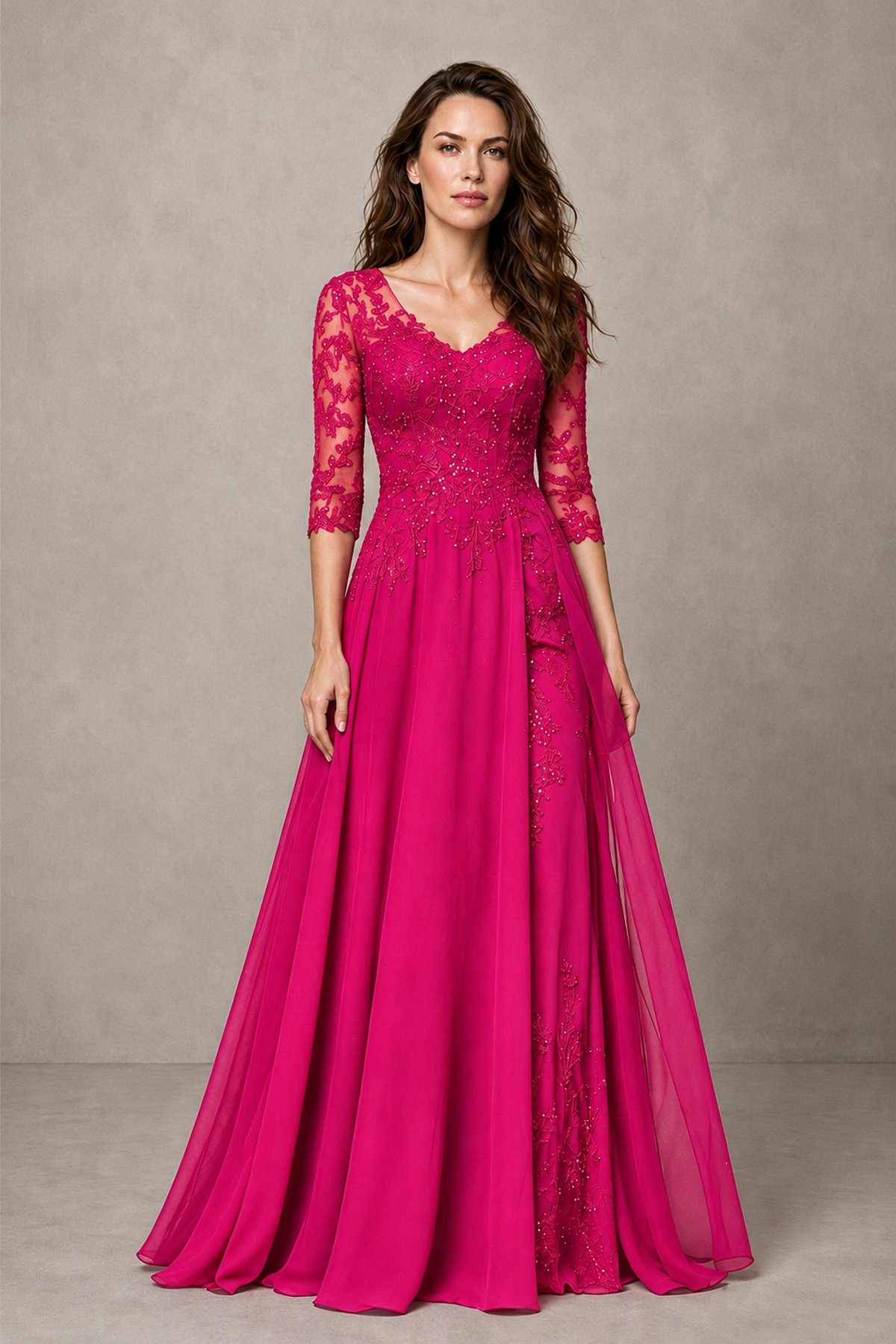 BOLODOO Midnight Hot Pink Beaded Lace Appliqué Chiffon A-Line Gown | Mother of the Bride & Formal Evening Dress - Hot Pink - Hot Pink_1