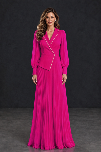 BOLODOO Hot Pink Long Sleeve Pleated Mother of the Bride Dress - Hot Pink - Hot Pink_1