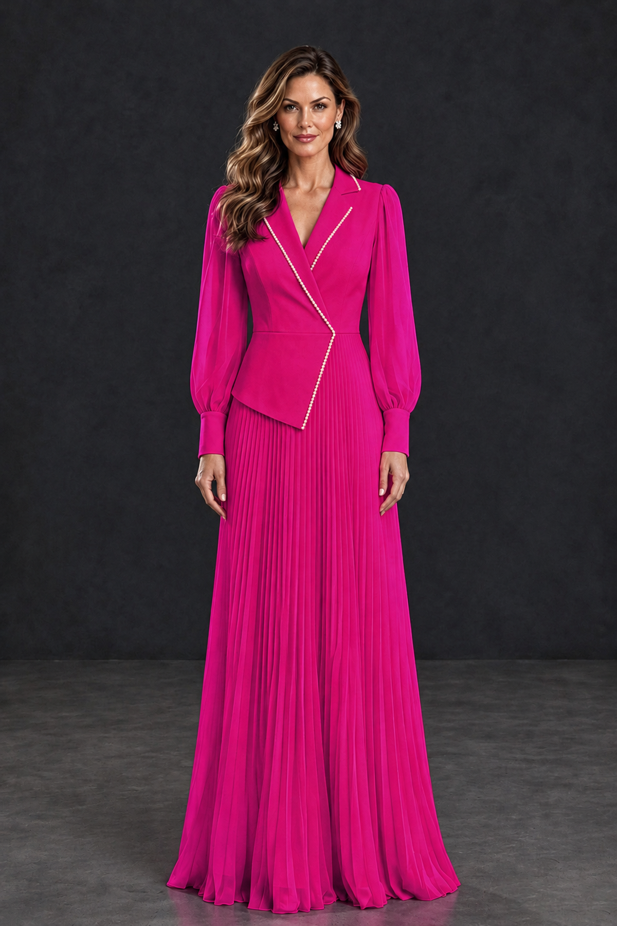 BOLODOO Hot Pink Long Sleeve Pleated Mother of the Bride Dress - Hot Pink - Hot Pink_1