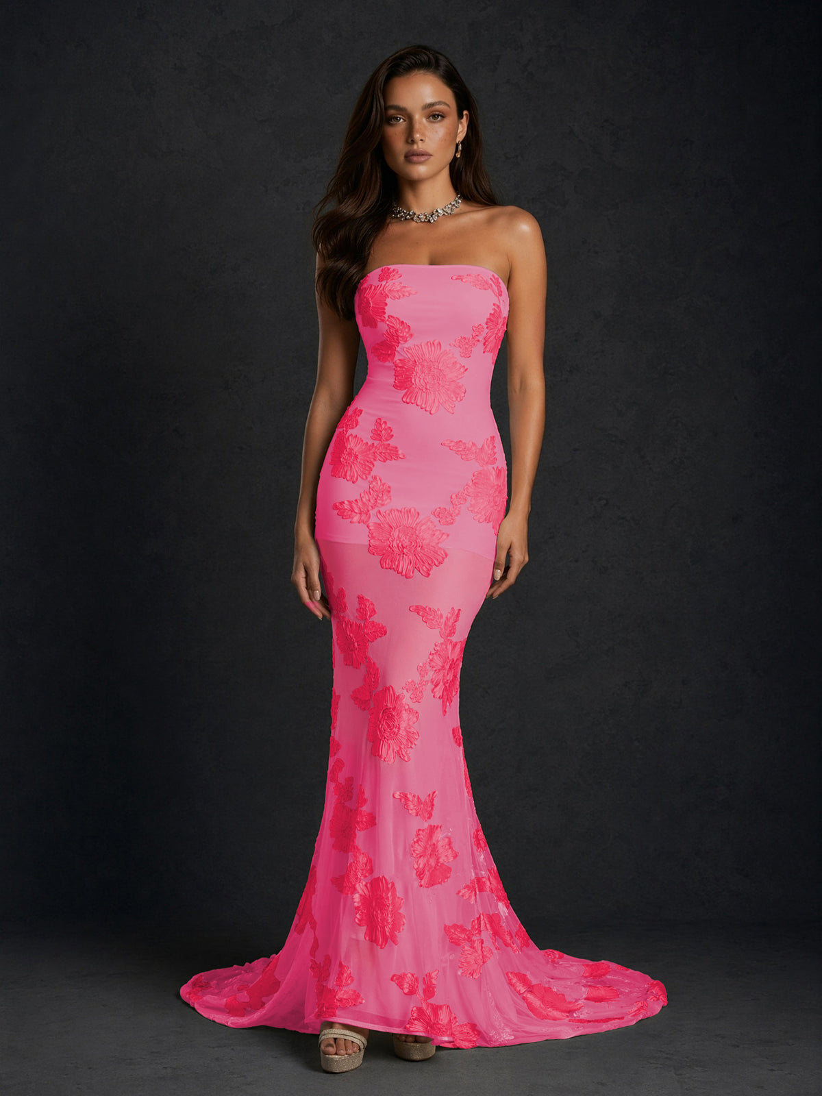 BOLODOO Hot Pink Champagne Gold Floral Sequin Embroidered Mesh Strapless Open Back Mermaid Maxi Dress with Train - Hot Pink