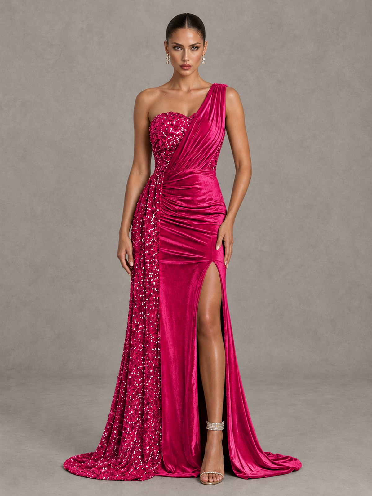 BOLODOO Hot Pink One-Shoulder Satin Sequin Gown with High Slit - Hot Pink - Hot Pink_1