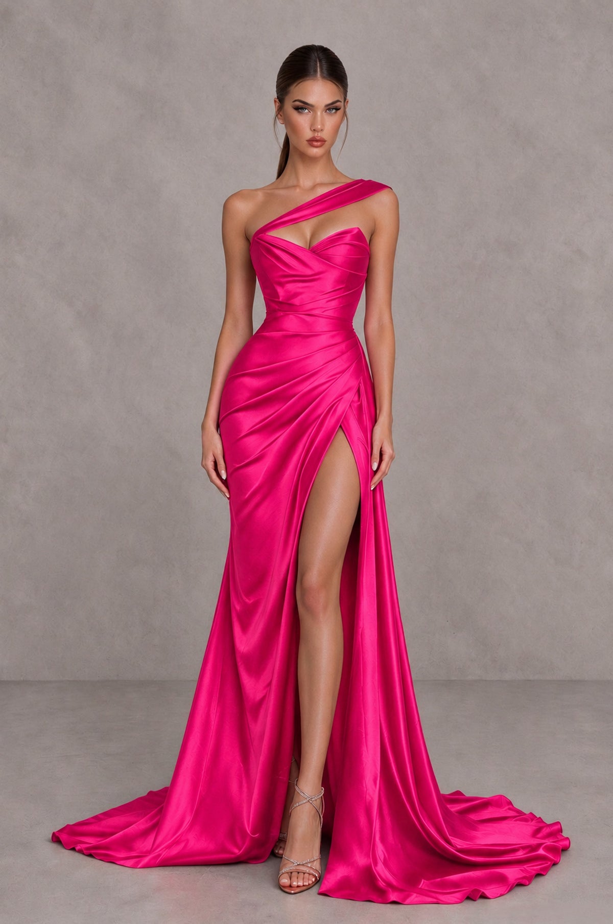 BOLODOO Hot Pink One Shoulder Satin Mermaid Evening Dress with Ruched Slit Skirt - Hot Pink - Hot Pink_1