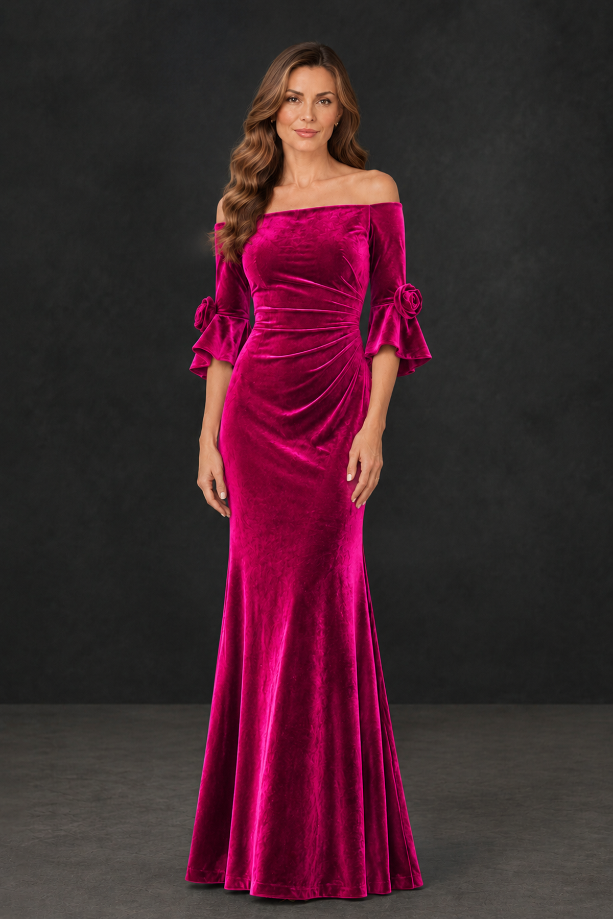BOLODOO Hot Pink Velvet Mother of the Bride Dress with Rosette Sleeves - Hot Pink - Hot_Pink_1