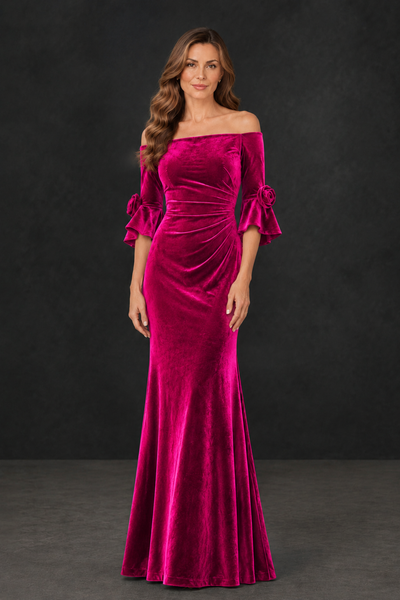 BOLODOO Hot Pink Velvet Mother of the Bride Dress with Rosette Sleeves - Hot Pink - Hot_Pink_1