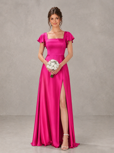 BOLODOO Hot Pink Satin Square Neck Flutter Sleeve A-Line Bridesmaid Dress with Slit - Hot Pink - Hot Pink_1