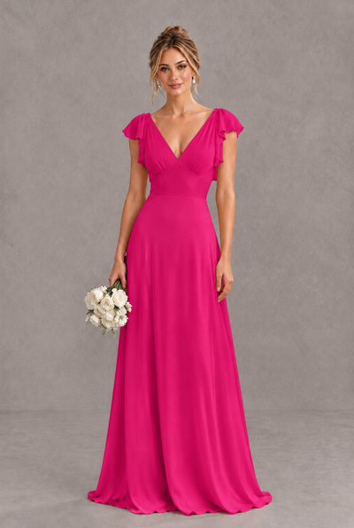 BOLODOO Hot Pink V-Neck Flutter Sleeve A-Line Bridesmaid Dress - Hot Pink - Hot Pink_1