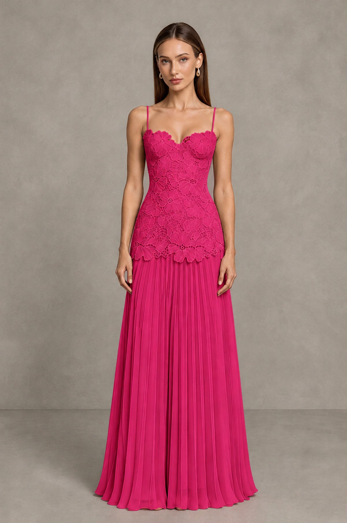 BOLODOO Hot Pink Lace Bodice Pleated Wedding Guest Dress - Hot Pink - Hot Pink_1