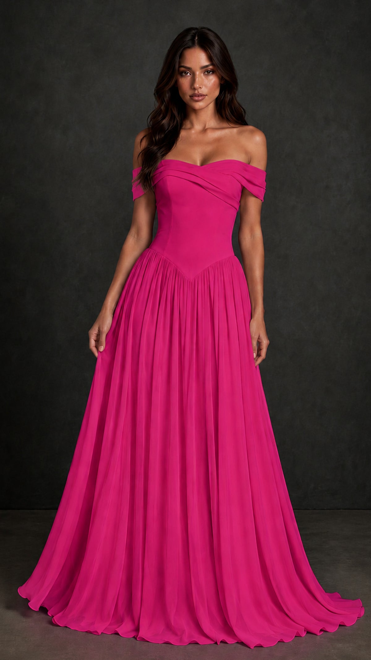 BOLODOO Hot Pink Off-Shoulder Sweetheart Corset Pleated Chiffon Maxi Dress - Hot Pink