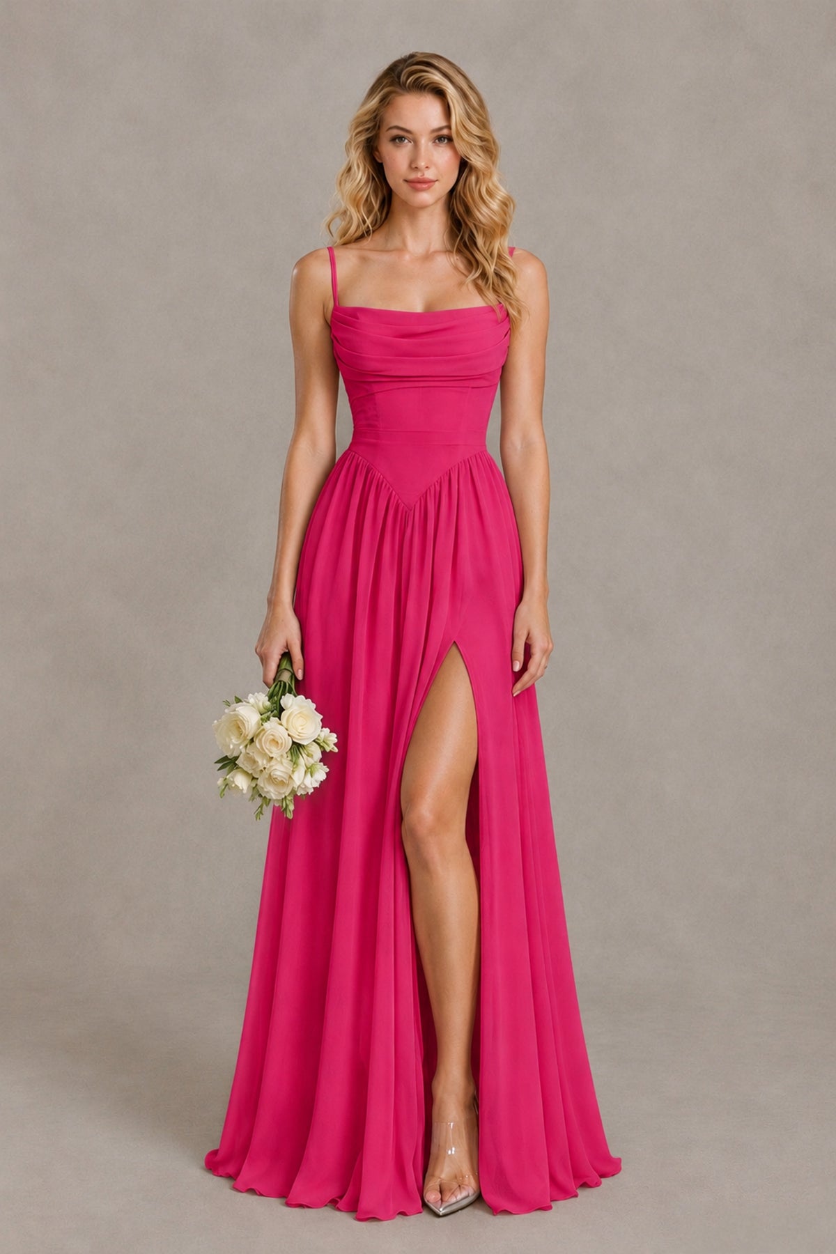 BOLODOO Hot Pink Spaghetti Strap A-Line Bridesmaid Dress with Slit - Hot Pink - Hot Pink_1