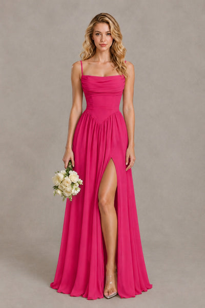 BOLODOO Hot Pink Spaghetti Strap A-Line Bridesmaid Dress with Slit - Hot Pink - Hot Pink_1