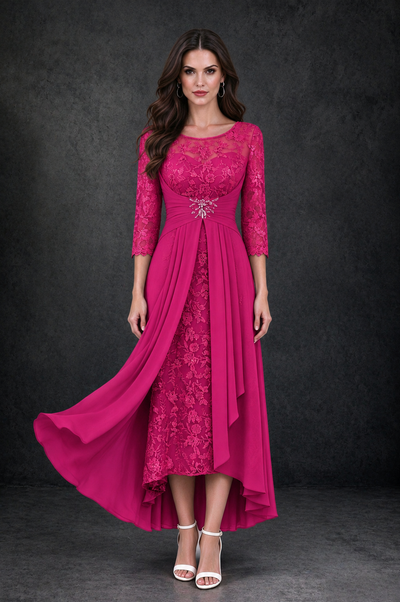 BOLODOO Hot Pink Sequin Lace & Chiffon Tea-Length Mother of the Bride Dress with 3/4 Sleeves - Hot Pink - Hot_Pink_1