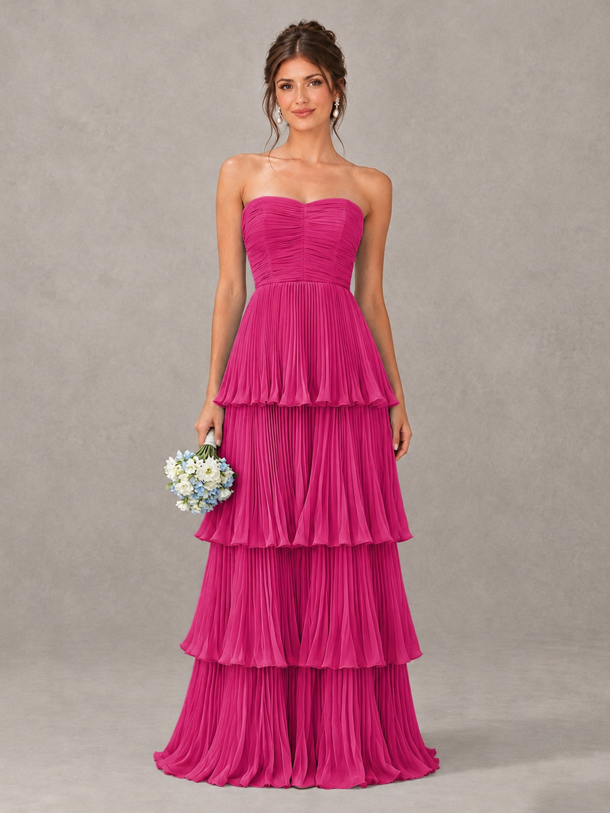 BOLODOO Hot Pink Strapless Tiered Pleated Bridesmaid Dress - Hot Pink - Hot Pink_1