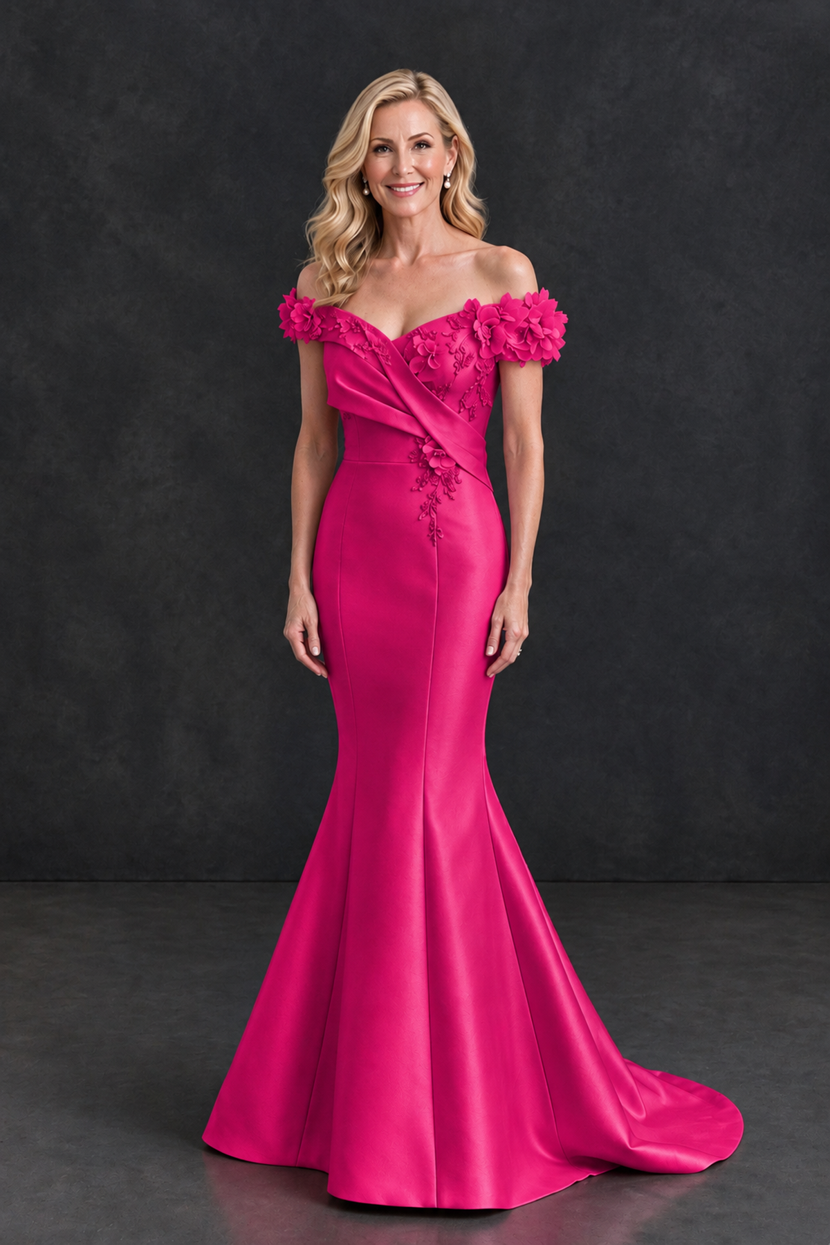 BOLODOO Hot Pink Off-Shoulder Floral Mermaid Mother of the Bride Dress - Hot Pink - Hot Pink_1