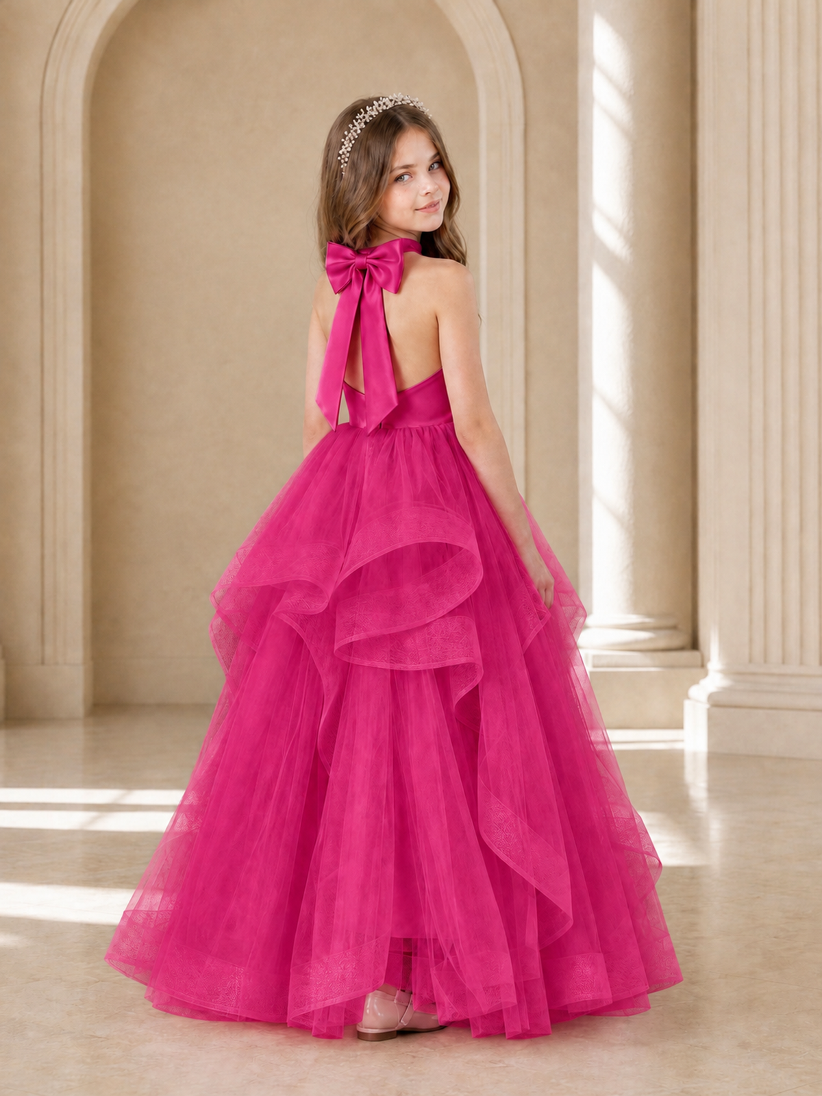 BOLODOO Hot Pink Halter Tiered Tulle Flower Girl Dress with Bow Back - Hot Pink - Hot Pink_1