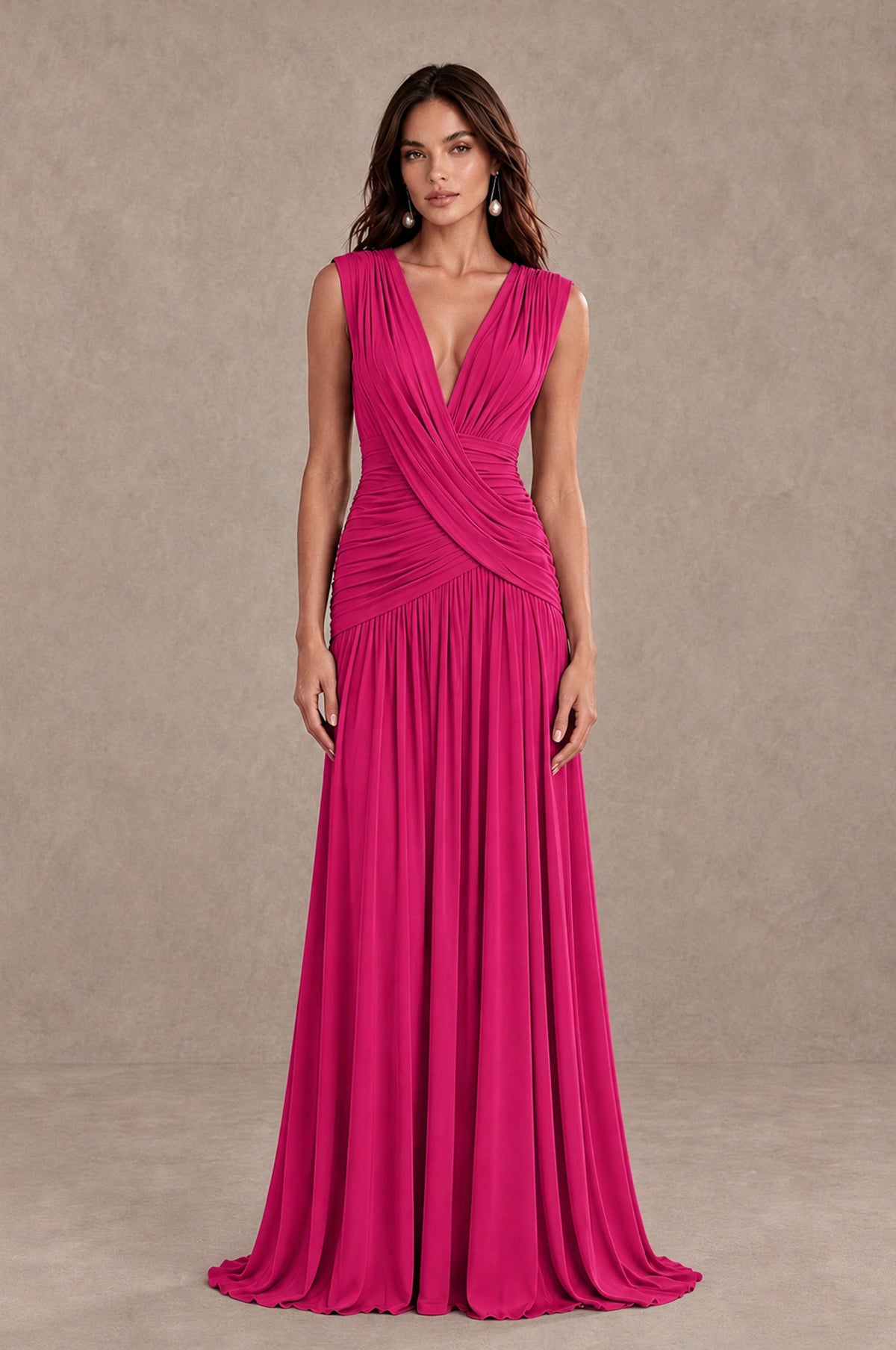 BOLODOO Hot Pink V-Neck Ruched Wedding Guest Dress - Hot Pink - Hot Pink_1