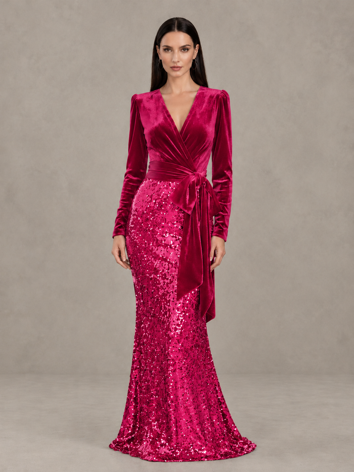 BOLODOO Hot Pink Velvet & Sequin Long Sleeve V-Neck Mermaid Evening Gown - Hot Pink - Hot Pink_1