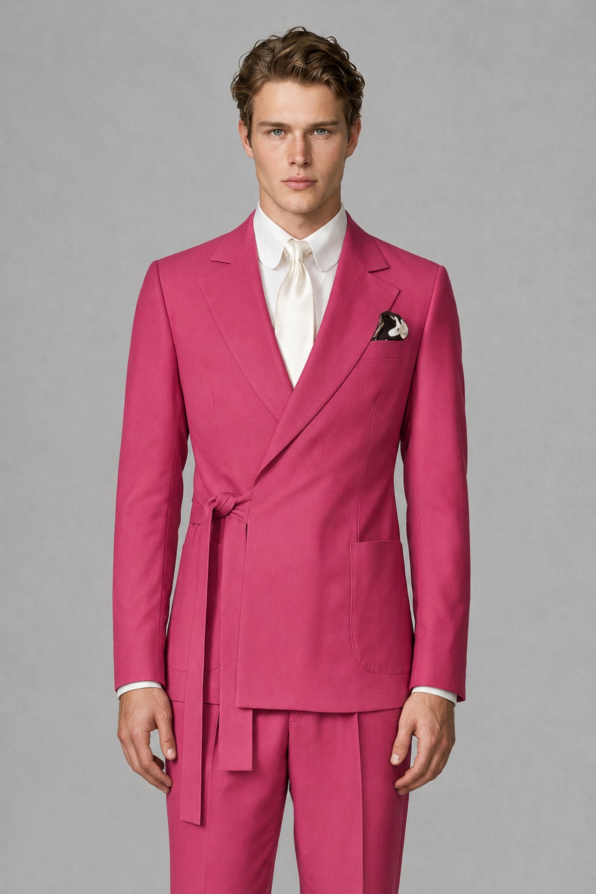 Bolodoo Men's Hot Pink Wrap Tie-Waist Two-Piece Suit – Jacket & Trousers - Hot Pink - Hot Pink_1