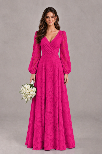BOLODOO Hot Pink Long Sleeve V-Neck A-Line Mother of the Bride Dress - Hot Pink - Hot Pink_1