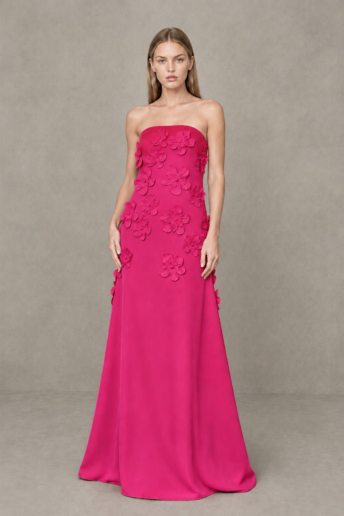 BOLODOO Hot Pink Strapless 3D Floral Appliqué Crepe Maxi Gown - Hot Pink - Hot_Pink_1