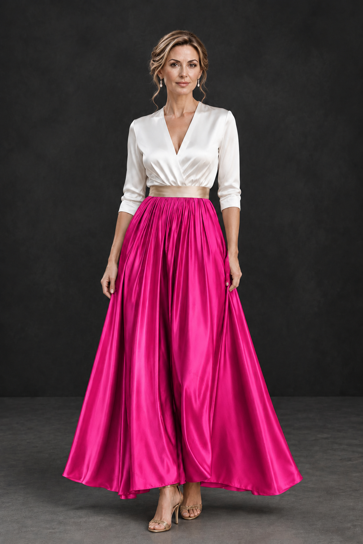 BOLODOO Hot Pink and White V-Neck A-Line Mother of the Bride Dress - Hot Pink - Hot Pink_1