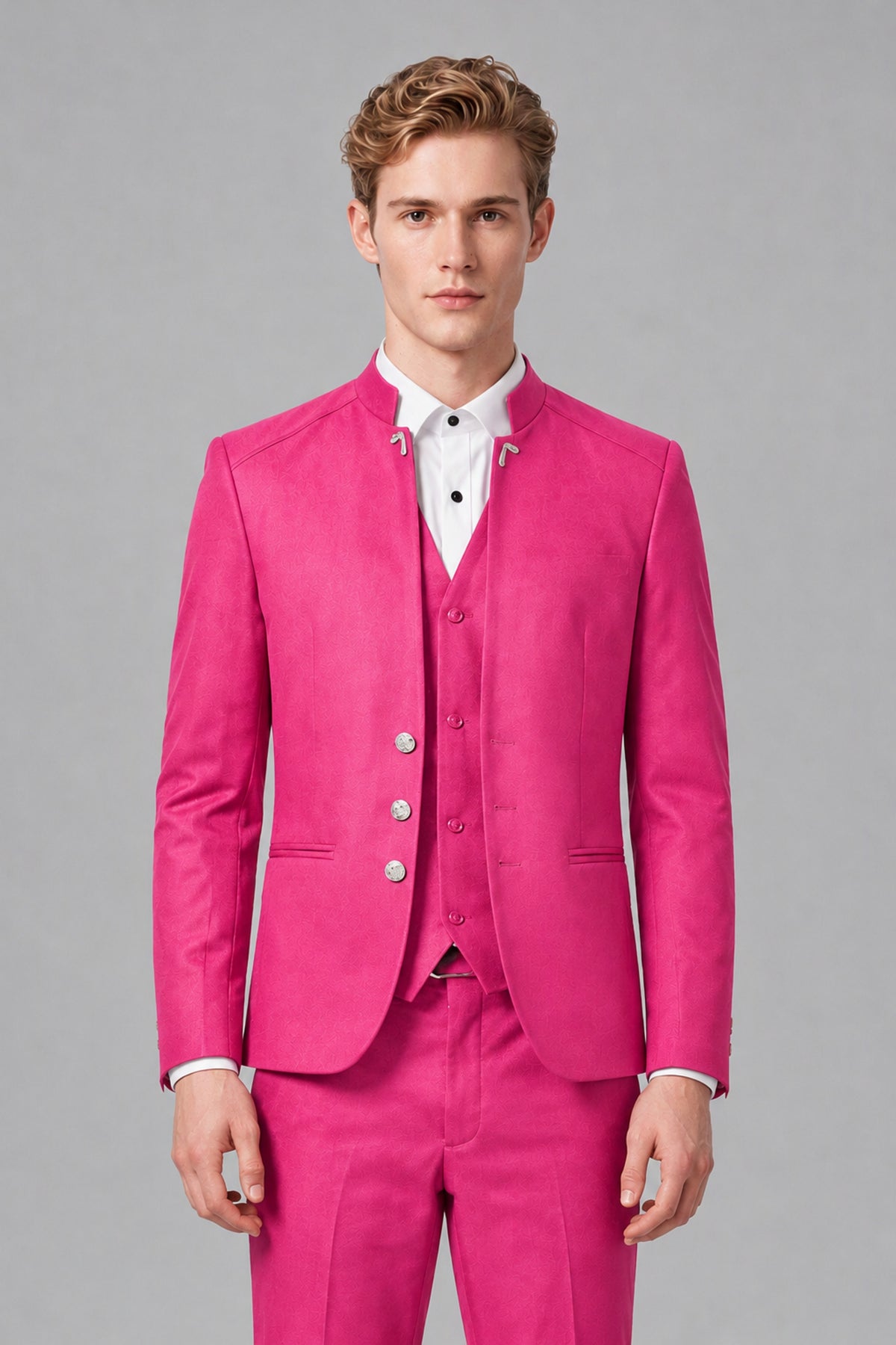 Bolodoo Men's Hot Pink Mandarin Collar 3-Piece Suit – Jacket, Vest & Trousers - Hot Pink - Hot Pink_1