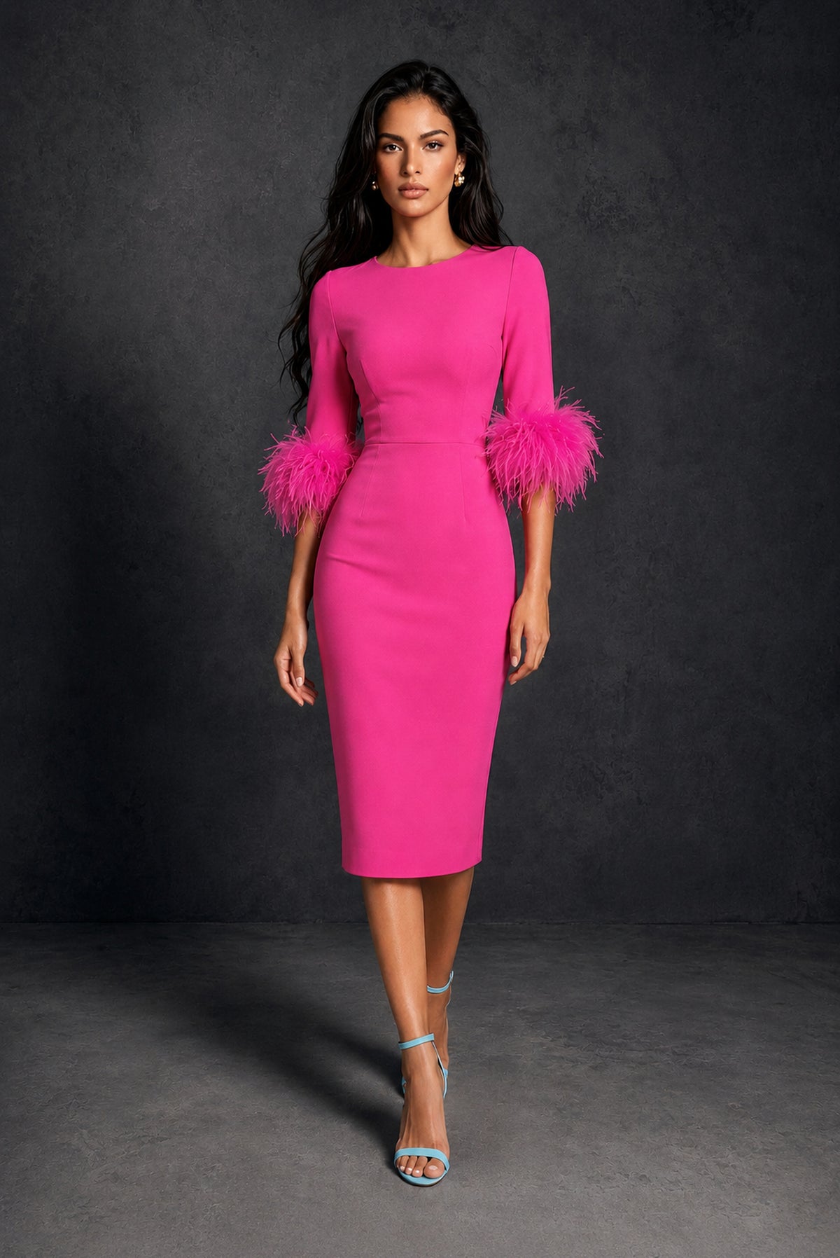 BOLODOO Hot Pink Ostrich Feather Cuff 3/4 Sleeve Round Neck Bodycon Midi Dress with Back Slit - Hot Pink