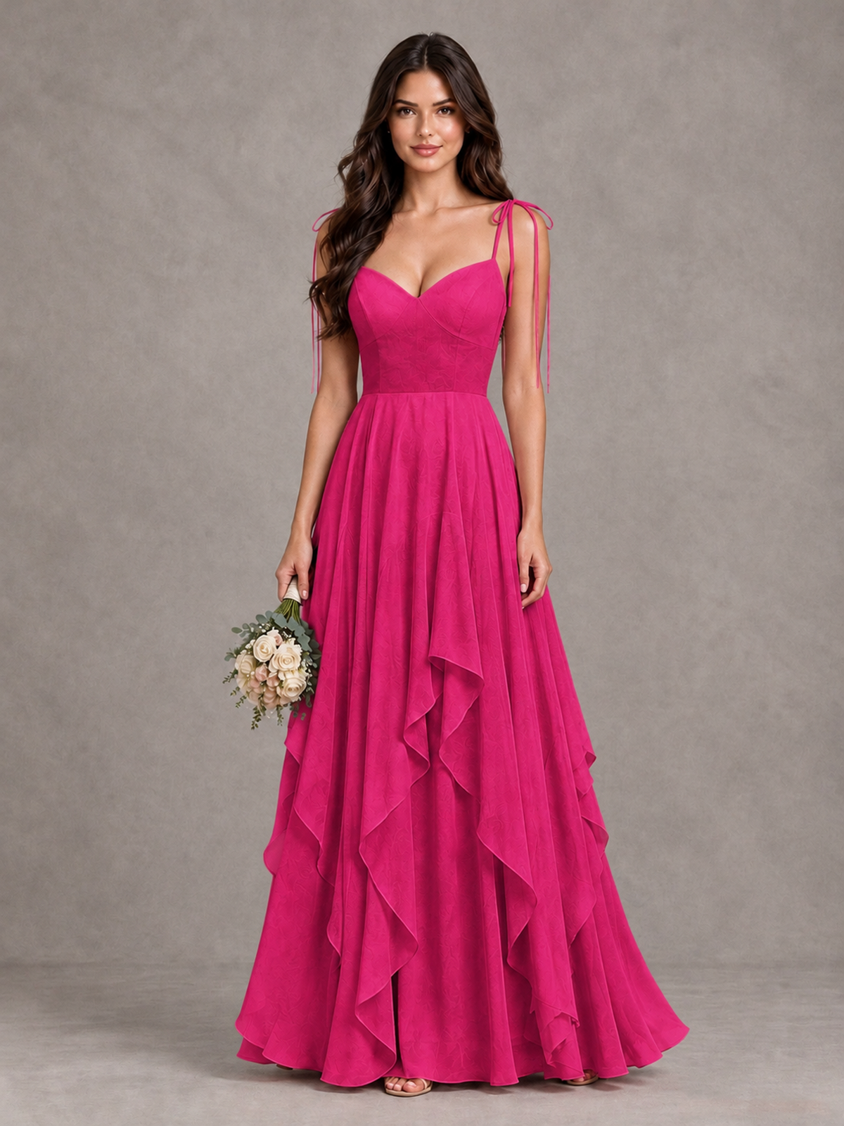 BOLODOO Hot Pink Tie-Strap Ruffle A-Line Bridesmaid Dress - Hot Pink - Hot Pink_1