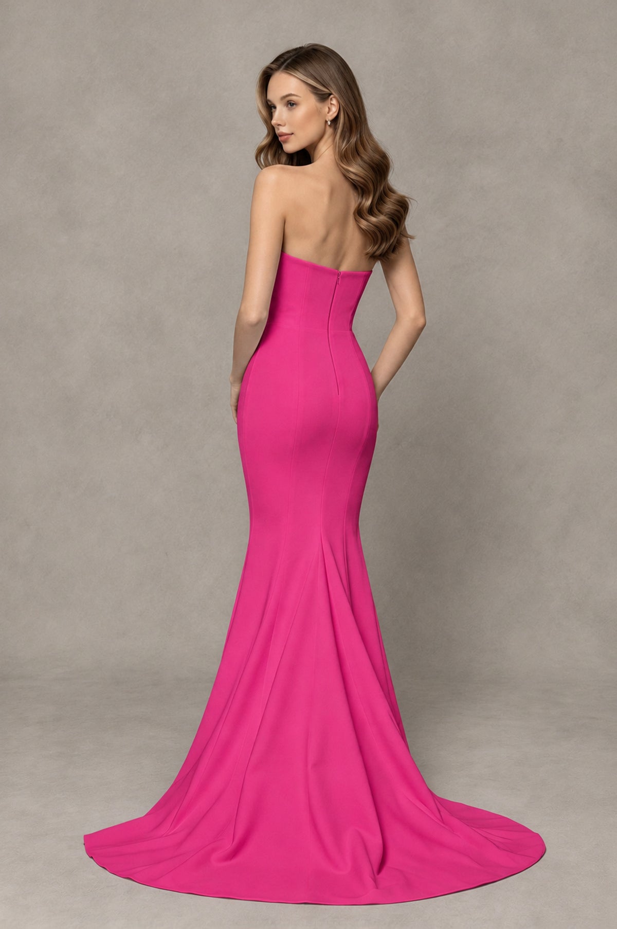 BOLODOO Hot Pink Strapless Mermaid Evening Dress with Ruffle Slit and Train - Hot Pink - Hot Pink_2