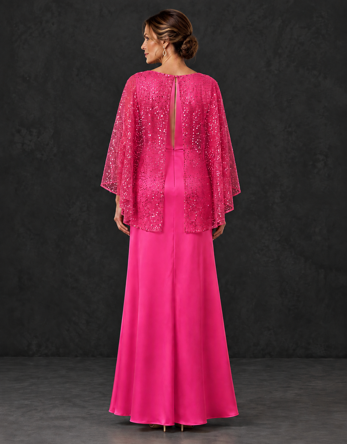 BOLODOO Hot Pink Sparkle Cape Sleeve Mother of the Bride Dress - Hot Pink - Hot_Pink_2