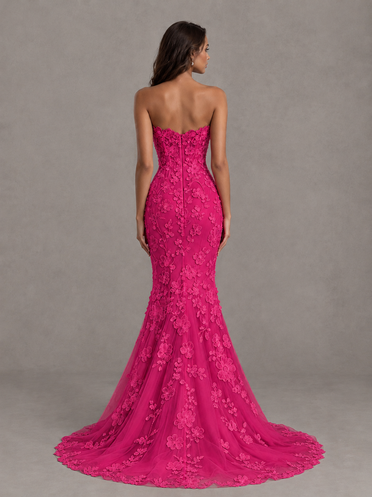 BOLODOO Hot Pink Strapless 3D Floral Lace Mermaid Prom Dress with Train - Hot Pink - Hot Pink_2