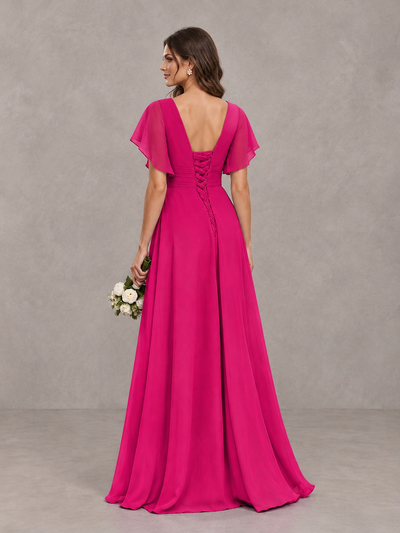 BOLODOO Hot Pink Flutter Sleeve V-Neck Bridesmaid Dress with Ruffle Slit - Hot Pink - Hot Pink_2