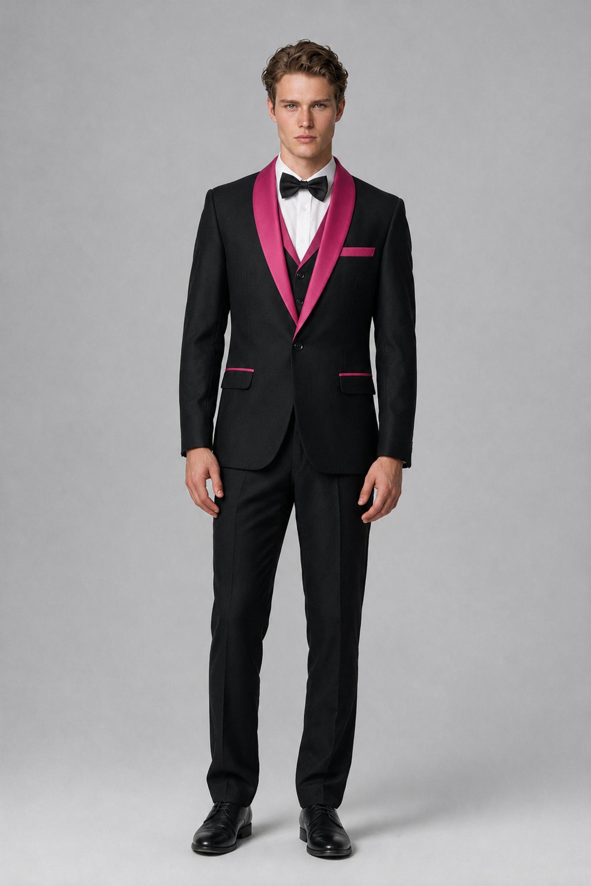 Bolodoo Men's Hot Pink 3-Piece Shawl Lapel Tuxedo Suit - Hot Pink - Hot Pink_2