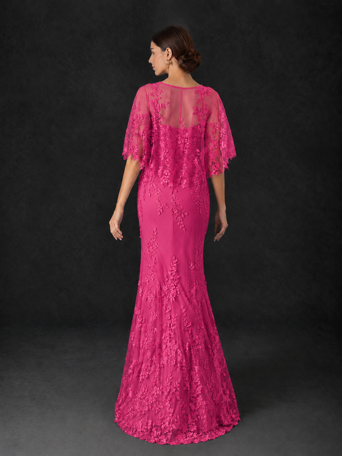 BOLODOO Hot Pink Botanical Lace Flutter Sleeve Mermaid Gown - Hot Pink - Hot_Pink_2