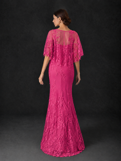 BOLODOO Hot Pink Botanical Lace Flutter Sleeve Mermaid Gown - Hot Pink - Hot_Pink_2