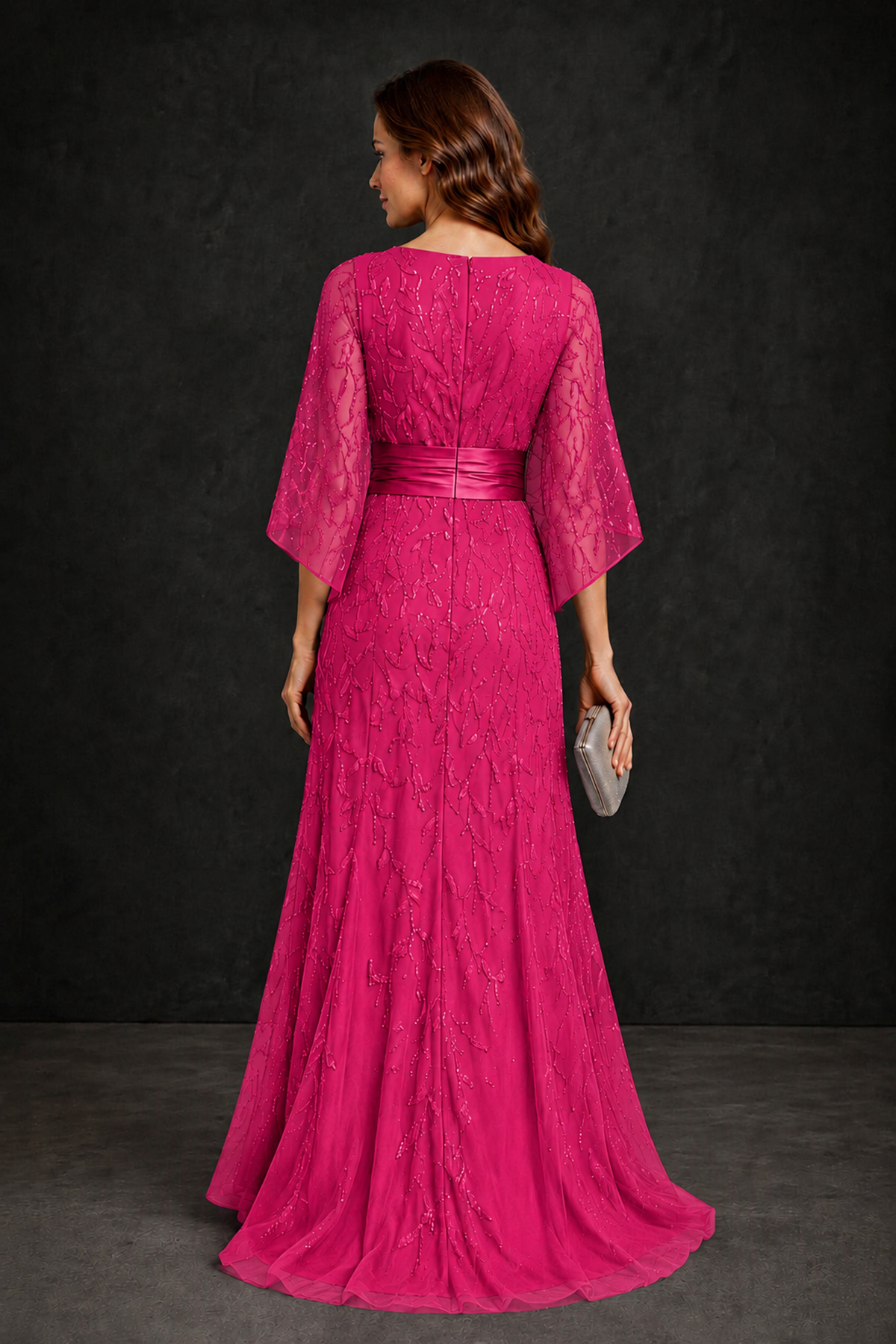 BOLODOO Hot Pink Bateau Neck Bell Sleeve Sequin Embroidered Satin Waist A-Line Maxi Dress - Hot Pink - Hot_Pink_2