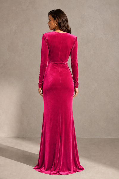 BOLODOO Hot Pink Velvet Long Sleeve V-Neck Ruched Evening Gown - Hot Pink