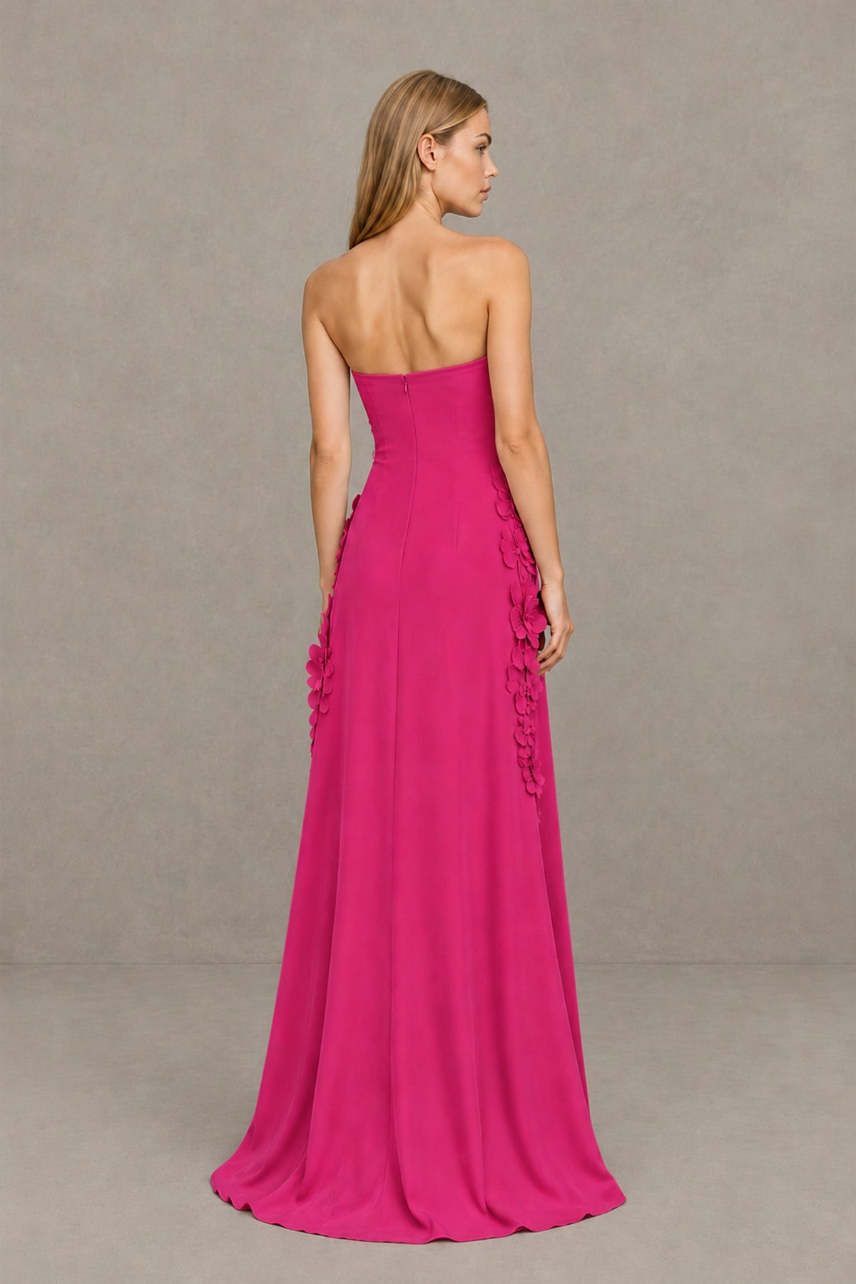 BOLODOO Hot Pink Strapless 3D Floral Appliqué Crepe Maxi Gown - Hot Pink - Hot_Pink_2
