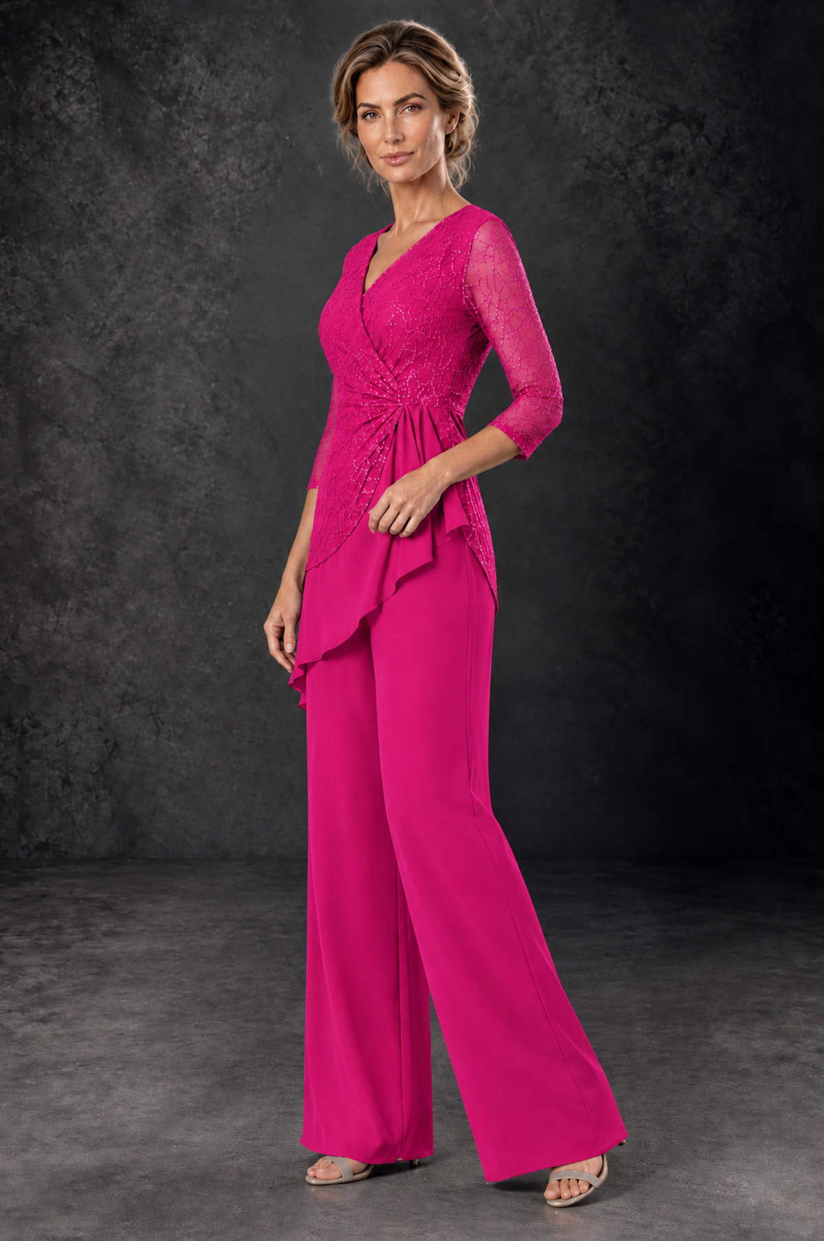 BOLODOO Hot Pink Sequin Lace 3/4 Sleeve Chiffon Mother of the Bride Pant Suit - Hot Pink - Hot_Pink_2