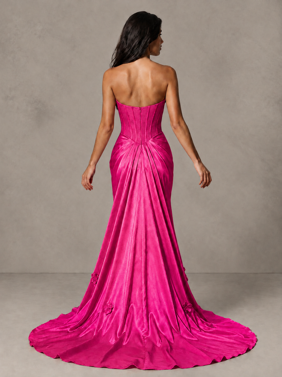 BOLODOO Hot Pink Strapless Floral Corset Evening Gown with Train - Hot Pink - Hot Pink_2