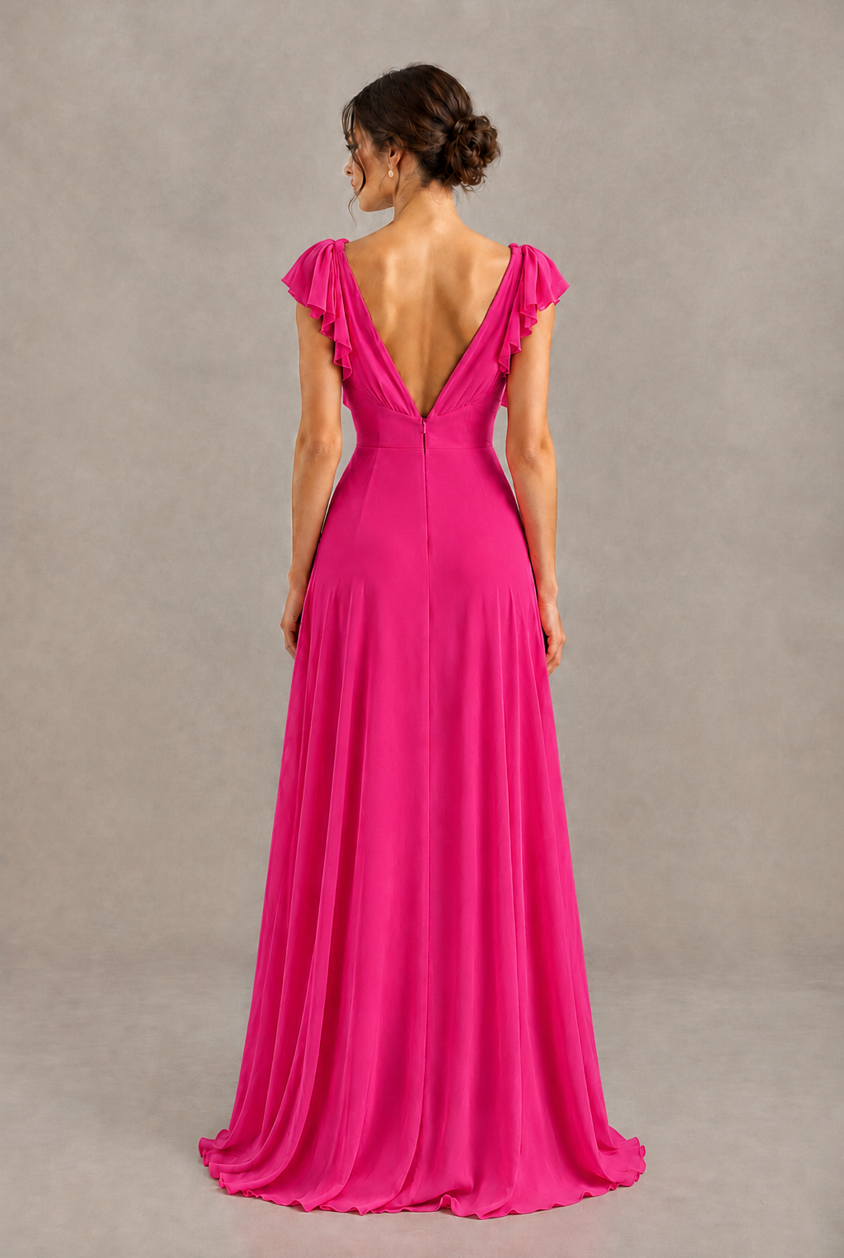 BOLODOO Hot Pink V-Neck Flutter Sleeve A-Line Bridesmaid Dress - Hot Pink - Hot Pink_2