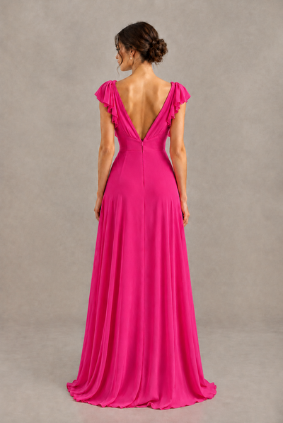 BOLODOO Hot Pink V-Neck Flutter Sleeve A-Line Bridesmaid Dress - Hot Pink - Hot Pink_2