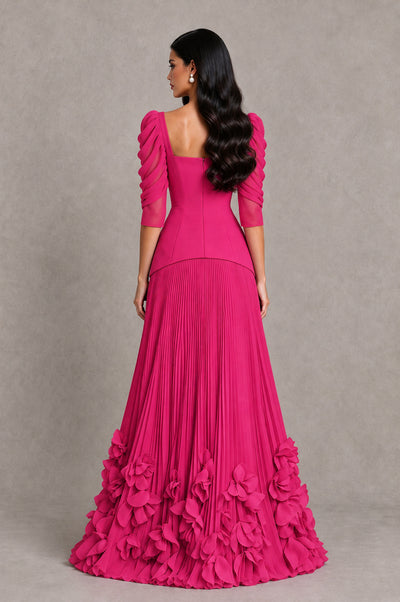 BOLODOO Hot Pink Square Neck Pleated Floral Applique Evening Dress - Hot Pink - Hot Pink_2