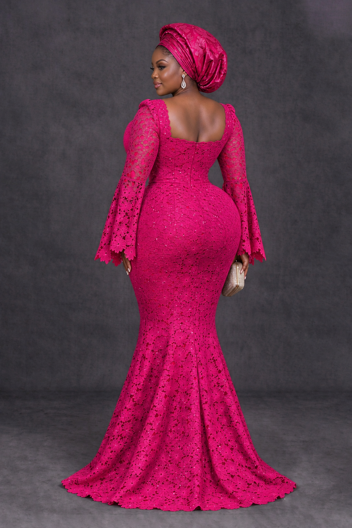 BOLODOO Hot Pink African Lace Mermaid Dress, Plus Size Nigerian Wedding Guest Gown with Bell Sleeves - Hot Pink - Hot Pink_2