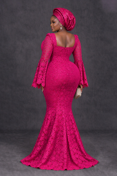 BOLODOO Hot Pink African Lace Mermaid Dress, Plus Size Nigerian Wedding Guest Gown with Bell Sleeves - Hot Pink - Hot Pink_2
