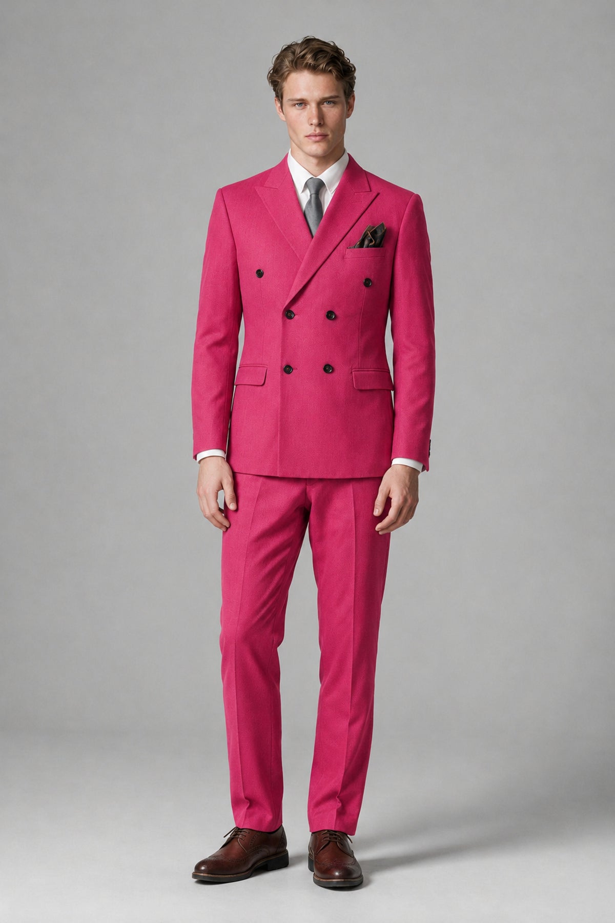 Bolodoo Men's Hot Pink Double-Breasted Two-Piece Suit with Peak Lapels - Hot Pink - Hot Pink_2