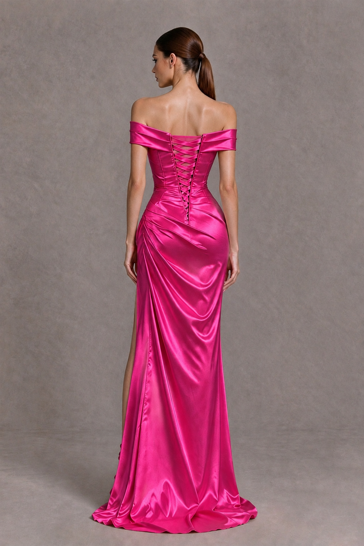 BOLODOO Hot Pink Off-the-Shoulder Ruched Satin Prom & Evening Dress with High Slit - Hot Pink - Hot Pink_2