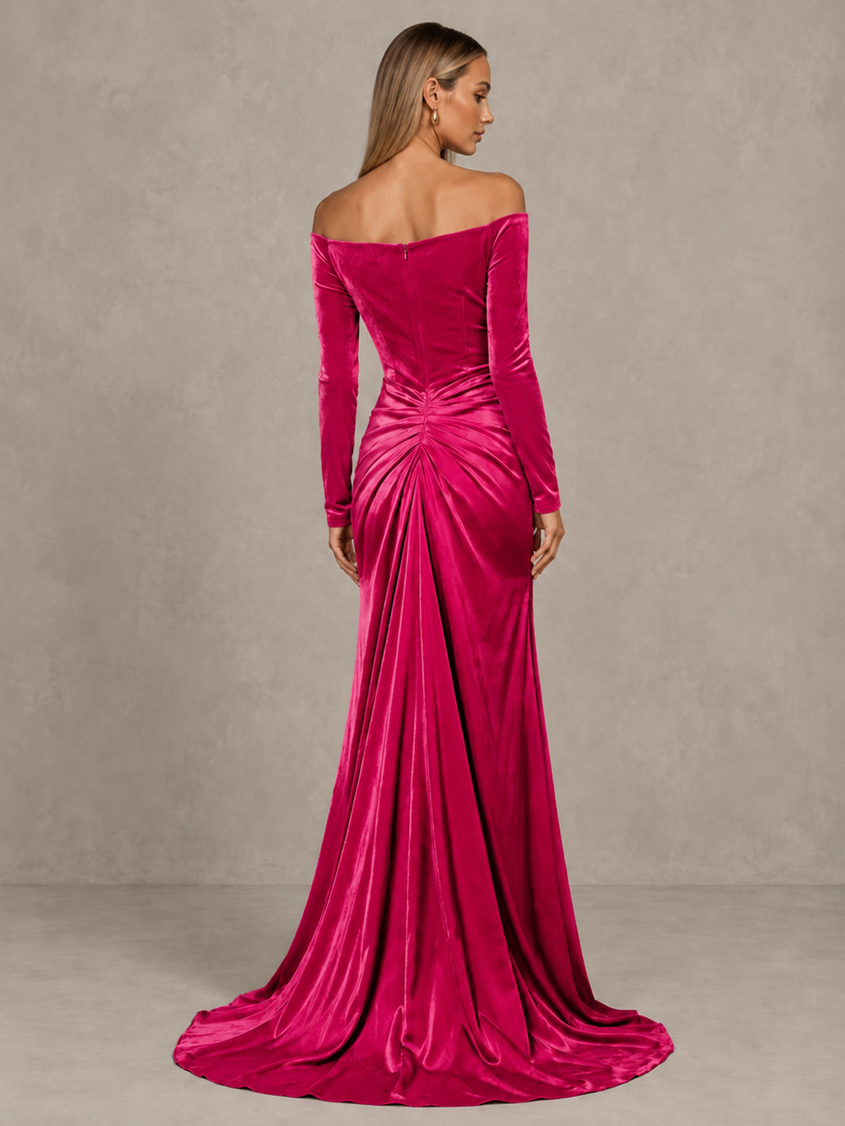 BOLODOO Hot Pink Off-Shoulder Velvet Evening Gown with High Slit - Hot Pink - Hot Pink_2