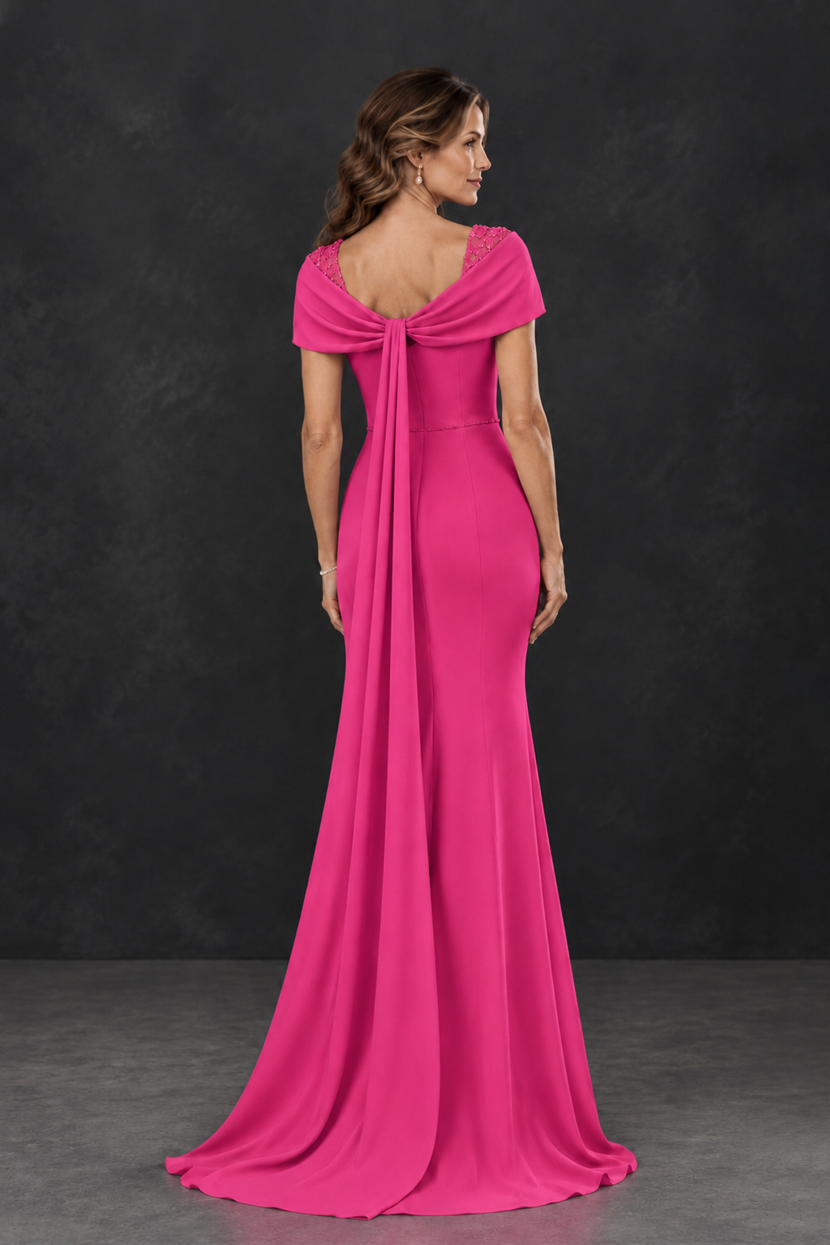BOLODOO Hot Pink Mother of the Bride Dress with Draped Cape Detail - Hot Pink - Hot_Pink_2